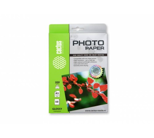 Фотобумага Cactus CS-GA520050 A5/200г/м2/50л./белый глянцевое для струйной печати Фотобумага Cactus CS-GA520050 A5/200г/м2/50л./белый глянцевое для струйной печати