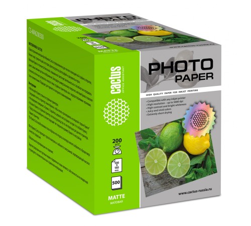 Фотобумага Cactus CS-MA6200500 10x15/200г/м2/500л./белый матовое для струйной печати Фотобумага Cactus CS-MA6200500 10x15/200г/м2/500л./белый матовое для струйной печати
