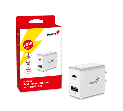 Адаптер Genius PD-20AC white (USB-C, USB-A, 20Вт, одновременная зарядка двух устройств) (32590005400) Адаптер Genius PD-20AC white (USB-C, USB-A, 20Вт, одновременная зарядка двух устройств) (32590005400)