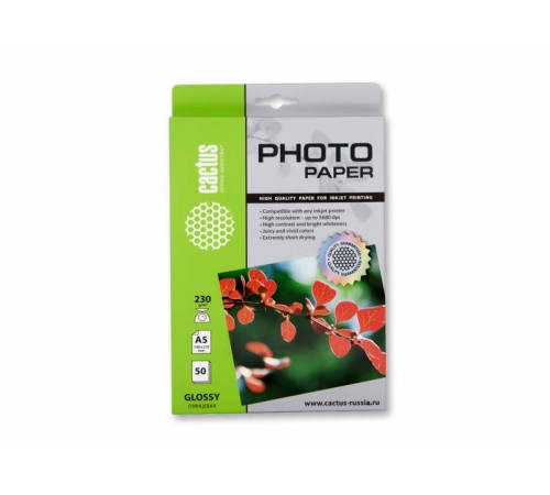 Фотобумага Cactus CS-GA523050 A5/230г/м2/50л./белый глянцевое для струйной печати Фотобумага Cactus CS-GA523050 A5/230г/м2/50л./белый глянцевое для струйной печати