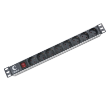 Cabeus PDU-8P Блок евророзеток для 19" шкафов, горизонтальный, 8 розеток, 10 A, выключатель, гнездо под шнур, алюминиевый корпус (PDU-8P)