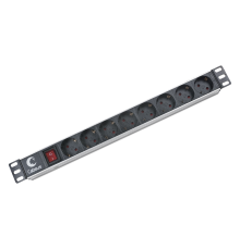 Cabeus PDU-8P Блок евророзеток для 19" шкафов, горизонтальный, 8 розеток, 10 A, выключатель, гнездо под шнур, алюминиевый корпус (PDU-8P)