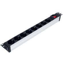 LANDE Блок розеток горизонтальный 19" 1U, 8 позиций Schuko, 1x16A ручной выключатель, 4000 W, 250V AC, алюминиевый корпус, 482х44х44мм, шнур питания 3x1.5мм 2,5 м, вилка Schuko (LN-PRZ-ONF-1U8P-SC)