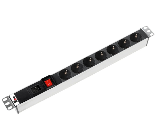 Блок розеток Rem-16 с выкл., 7 Schuko, вход IEC 60320 C20, 16 A, алюм., 19" (R-16-7S-V-440-Z)