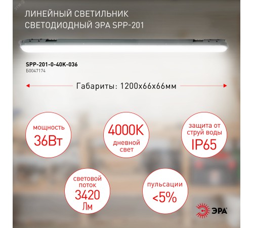 Светильник светодиодный линейный SPP-201-0-40K-036 IP65 36Вт 3420Лм 4000К 1200мм мат | Б0047174 | ЭРА