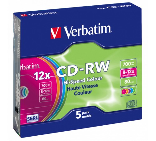 Диск CD-RW Verbatim 700Mb 12x Slim case (5шт) Color (43167) Диск CD-RW Verbatim 700Mb 12x Slim case (5шт) Color (43167)