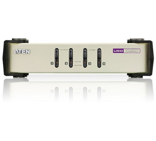 4-х порт. переключатель, электрон., KVM,  1 user PS2/USB+VGA =>  4 cpu PS2/USB+VGA, со шнурами PS2/USB 2х1.2+2х1.8м., 2048x1536, настол., без OSD, некаскад. ATEN CS84U
