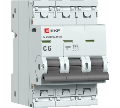Выключатель автоматический 3P 6А (C) 6кА ВА 47-63N PROxima EKF M636306C