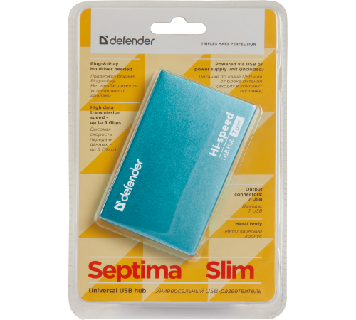 DEFENDER USB (QUADRO) SEPTIMA SLIM USB 2.0, 7 порта, (с адап. 2А)