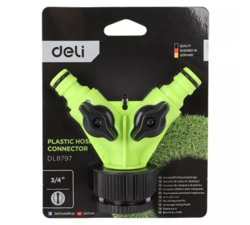Распределитель поливочный двухканальный Deli DL8797 1"-3/4", внутренняя резьба, 2 вентиля, ударопрочный пластик Распределитель поливочный двухканальный Deli DL8797 1"-3/4", внутренняя резьба, 2 вентиля, ударопрочный пластик