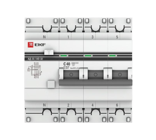 EKF DA32-40-30-4P-pro Дифференциальный автомат АД-32 3P+N 40А/30мА (хар. C, AC, электронный, защита 270В) 4,5кА EKF PROxima EKF DA32-40-30-4P-pro Дифференциальный автомат АД-32 3P+N 40А/30мА (хар. C, AC, электронный, защита 270В) 4,5кА EKF PROxima