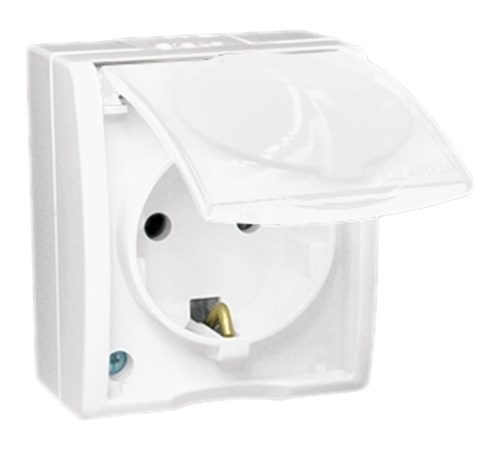 Розетка 1-м ОП Simon15 16А IP54 250В с заземл. Schuko защ. шторки с крышкой винт. клеммы бел. Simon