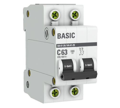 EKF mcb4729-2-63C Автоматический выключатель 2P 63А (C) 4,5кА ВА 47-29 EKF Basic EKF mcb4729-2-63C Автоматический выключатель 2P 63А (C) 4,5кА ВА 47-29 EKF Basic