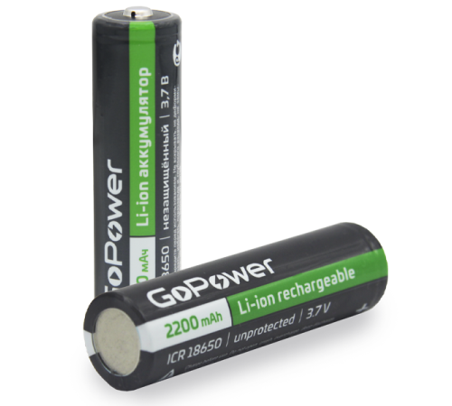 Аккумулятор Li-ion GoPower 18650 PC1 3.6V 2200mAh без защиты выс.конт. (1/80/160) Аккумулятор Li-ion GoPower 18650 без защиты с высоким контактом (00-00018352)