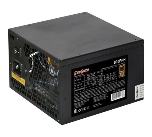 Exegate EX282156RUS-S Блок питания 800W ExeGate 80 PLUS® Bronze 800PPH (ATX, APFC, SC, КПД 89% (80 PLUS Bronze), 12cm fan, 24pin, 2x(4+4)pin, 4xPCI-E, 8xSATA, 4xIDE, RTL (color box), black, кабель 220