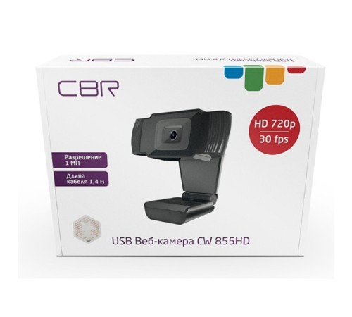 CBR CW 855HD Black, Веб-камера с матрицей 1 МП, разрешение видео 1280х720, USB 2.0, встроенный микрофон с шумоподавлением, фикс.фокус, крепление на мониторе, длина кабеля 1,4 м, цвет чёрный