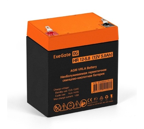 Exegate EX285951RUS Аккумуляторная батарея ExeGate HR 12-5.8 (12V 5.8Ah 1223W, клеммы F2) Exegate EX285951RUS Аккумуляторная батарея ExeGate HR 12-5.8 (12V 5.8Ah 1223W, клеммы F2)