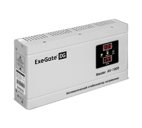 Exegate EX291737RUS Стабилизатор напряжения ExeGate Master AV-1000 (1000ВА, 140-260В, цифр. индикация вход/вых. напряжения, 220В±8%, КПД 98%, 5 уровней защиты, задержка, метал.корпус, евророзетка, RTL