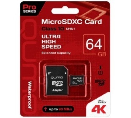 Micro SecureDigital 64Gb QUMO QM64GMICSDXC10U3 {MicroSDXC Class 10 UHS-I, SD adapter}