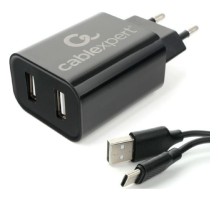 Cablexpert Адаптер питания USB 2 порта, 2.4A, черный + кабель 1м Type-C (MP3A-PC-37)