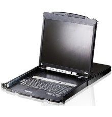 8-портовый KVM-пеКонсоль управления, LCD 19"(1280x1024), лат./рус. клав., 8-портовый KVM-переключатель,  +1 remote user(SPHD18(Male)),2хUSB(Тип а Female),  KVM-порты: SPHD15(Female), каскадирование. ATEN CL5808NR