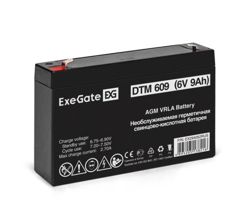Exegate EX294052RUS Аккумуляторная батарея ExeGate DTM 609 (6V 9Ah, клеммы F1) Exegate EX294052RUS Аккумуляторная батарея ExeGate DTM 609 (6V 9Ah, клеммы F1)