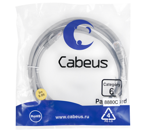 Патч-корд u/utp, категория 6, 2xrj45/8p8c, 3м Cabeus PC-UTP-RJ45-Cat.6-3m-LSZH Патч-корд U/UTP, категория 6, 2xRJ45/8p8c, неэкранированный, серый, LSZH, 3м (PC-UTP-RJ45-CAT.6-3M-LSZH)