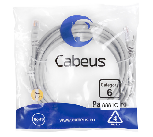 Патч-корд u/utp, категория 6, 2xrj45/8p8c, 5м Cabeus PC-UTP-RJ45-Cat.6-5m-LSZH Патч-корд U/UTP, категория 6, 2xRJ45/8p8c, неэкранированный, серый, LSZH, 5м (PC-UTP-RJ45-CAT.6-5M-LSZH)