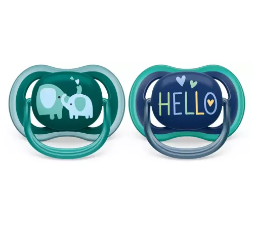 Пустышка ultra air, слоники/HELLO, 18+ мес., 2 шт. Philips Пустышка ultra air, слоники/HELLO, 18+ мес., 2 шт. (SCF349/18)