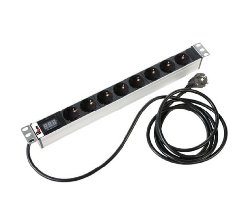 ЦМО Блок розеток Rem-16 с амперметром, 8 Shuko, 16A, алюм., 19", шнур 3 м. (R-16-8S-AM-440-3)