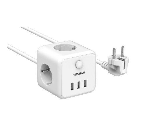 TESSAN TS-301 White Сетевой фильтр с 3 розетками 220В и 3 USB портами и кнопкой питания {80001820}