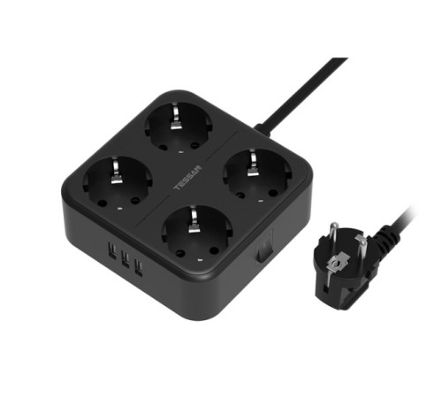 TESSAN TS-302 Black Сетевой фильтр с 4 розетками 220В и 3 USB портами и кнопкой питания {80001827}
