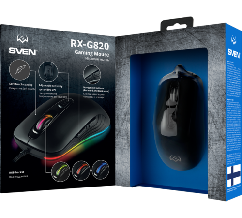 Игровая мышь SVEN RX-G820 (6+1кл. 200-4800 DPI. ПО. SoftTouch. RGB-подсветка. игров. упак) Sven RX-G820 (SV-017002)