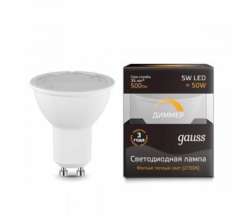 GAUSS 101506105-D Светодиодная лампа LED MR16 GU10-dim 5W 500lm 3000K диммируемая 1/10/100 GAUSS 101506105-D Светодиодная лампа LED MR16 GU10-dim 5W 500lm 3000K диммируемая 1/10/100