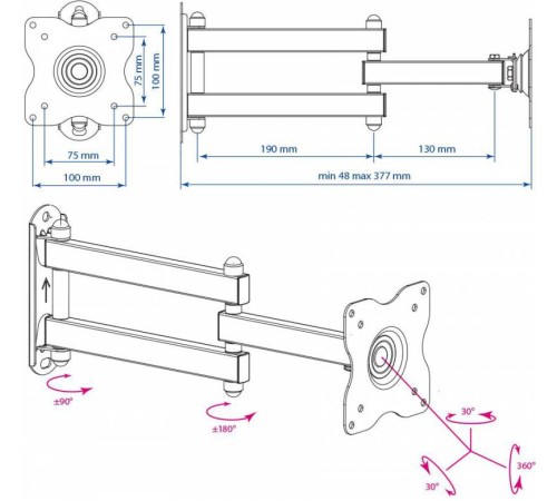 Кронштейн для телевизора Kromax DIX-15 черный 15"-28" макс.30кг настенный поворот и наклон