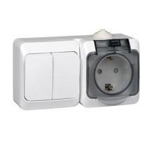 Блок ОП Этюд (розетка 16А 250В евростандарт с заземл. защ. шторки + 2-кл. выкл.) IP44 бел. SE BPA16-