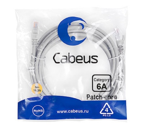 Патч-корд u/utp, категория 6а (10g), 2xrj45/8p8c, lszh, 5м Cabeus PC-UTP-RJ45-Cat.6a-5m-LSZH Патч-корд U/UTP, категория 6а (10G), 2xRJ45/8p8c, неэкранированный, серый, LSZH, 5м (PC-UTP-RJ45-Cat.6a-5m-LSZH)