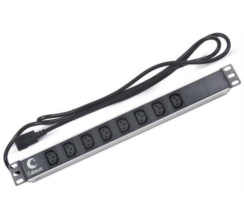 Блок розеток Cabeus PDU-8I-2IEC Блок розеток для 19" шкафов, горизонтальный, 8 розеток IEC 320 C13, 10 A, без выключателя, алюминиевый корпус, шнур 2 м, вилка IEC 320 C14 (PDU-8I-2IEC)