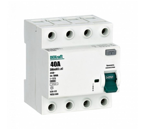 Выключатель дифференциального тока (УЗО) 4п 40А 300мА тип AC 6кА УЗО-03 DEKraft 14251DEK