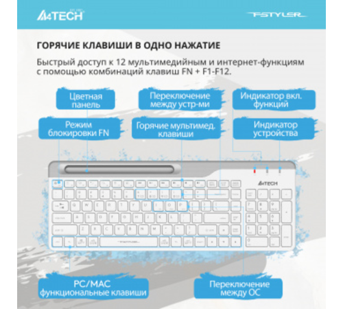 Клавиатура A4Tech Fstyler FBK25 белый беспроводная BT/Radio slim Multimedia Клавиатура A4Tech Fstyler FBK25 белый беспроводная BT/Radio slim Multimedia