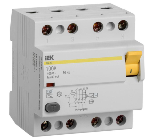 Выключатель дифференциального тока (УЗО) 4п 100А 30мА тип AC ВД1-63 IEK MDV10-4-100-030