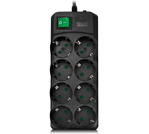 SVEN Фильтр SF-08E-16 3,0 м (8 розеток с защитными шторками,16А) черный, цветная коробка [SV-021610]