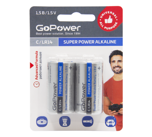 Батарейка GoPower LR14 C BL2 Alkaline 1.5V (2/12/192) блистер (2 шт.) Батарейка GoPower LR14 C (00-00017861)