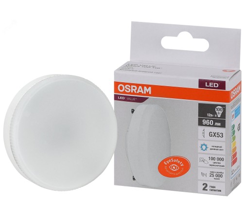 Лампа светодиодная LED 12 Вт GX53 6500К 960Лм таблетка 220 В (замена 100Вт) OSRAM