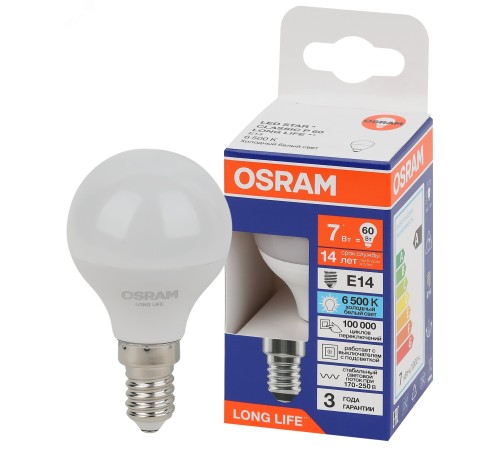 Лампа светодиодная LED 7Вт Е14 6500К 600Лм шар 220В (замена 60Вт) OSRAM