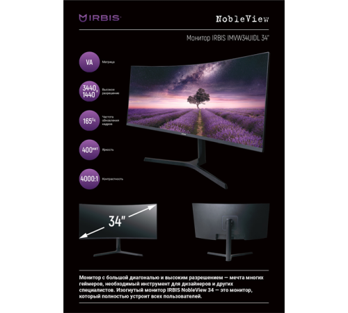 Монитор IRBIS NOBLEVIEW 34'' LED Monitor Curved 3440x1440, 21:9, VA, 400 cd/m2, 4000:1, 3ms, HDMI, DP, USB-C(65W), USB-Ax2, USB-B, PJack, Audio output, 165Hz, Tilt, Height, Swivel, внешн. бп, VESA, Black 3y (IMVW34UIDL)