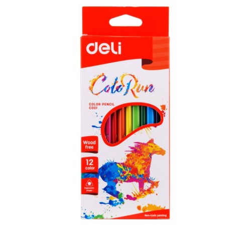 Карандаши цветные Deli ColoRun EC00100 трехгранные пластик 12цв. коробка/европод.