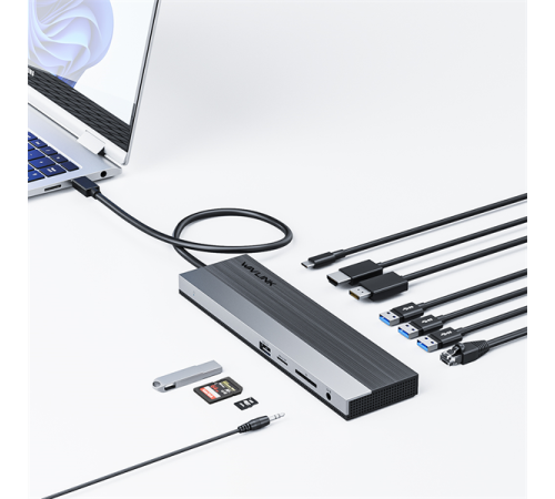 Док-станция Docking Station WAVLINK USB-C Triple Display /85W PowerDelivery/2xUSB3.0/2xUSB2.0/1xUSB C/1xDP/2xHDMI/1xGigabit LAN/1xAudio In/Out/1xSD/Micro SD CardReader (WL-UMD08)