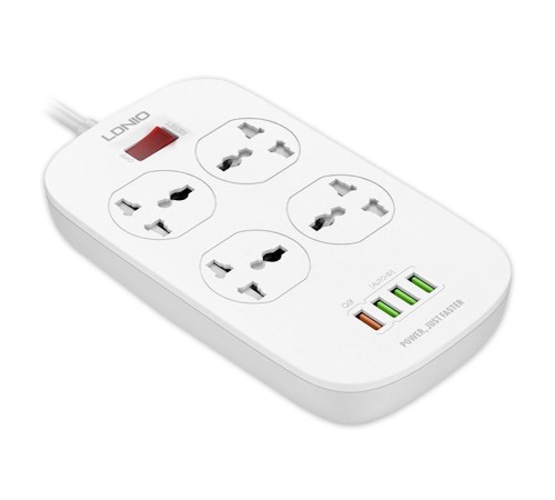 Perfeo LD_B4435  LDNIO SC4407Q/ Сетевой фильтр 2м/ 4  розетки EU_UK_US/ 2500W/ 4 USB+QC 3.0/  Выкл. на розетки/ White