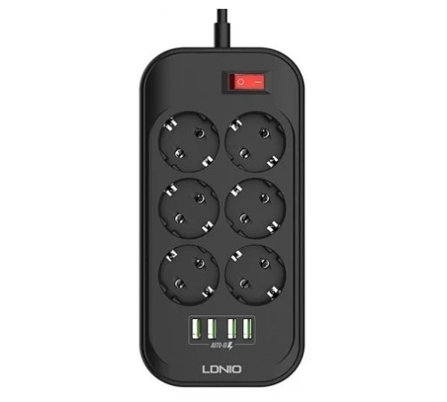 Perfeo LD_B4436  LDNIO SE6403/ Сетевой удлинитель 2м + ЗУ на 4 USB/ 6 розеток (медь) - 2500W/ USB - 17W/ Black&Gray